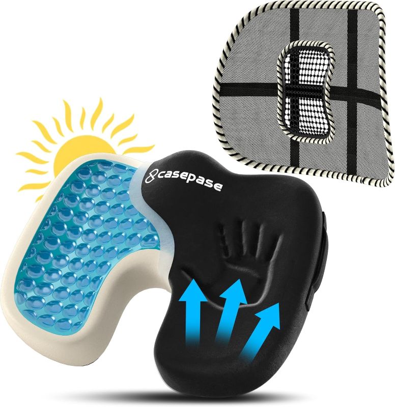 Photo 1 of  Mesh Back Lumbar Support and Gel Enhanced Seat Cushion Combo for Car, Office Chair - Breathable, Adjustable Back Support with Cooling Gel Cushion for Posture Correction. 