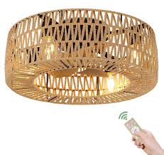 Photo 1 of juajua Boho Caged Ceiling Fans with Lights and Remote, 18" Woven Rattan Ceiling Fan with Light, 6 Speeds Reversible Flush Mount Caged Ceiling Fan for Bedroom Farmhouse Kitchen