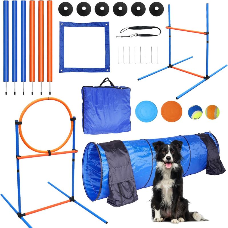 Photo 1 of Dog Agility Training Equipment Set Outdoor Indoor Game, Tire Jump + Hurdle Jump, Tunnel, Weave Poles, Pause Box, 2 Toy Balls, 2 Flying Discs, 1 Whistle, 1 Bag, Backyard Premium Dog Obstacle Course Kit90.