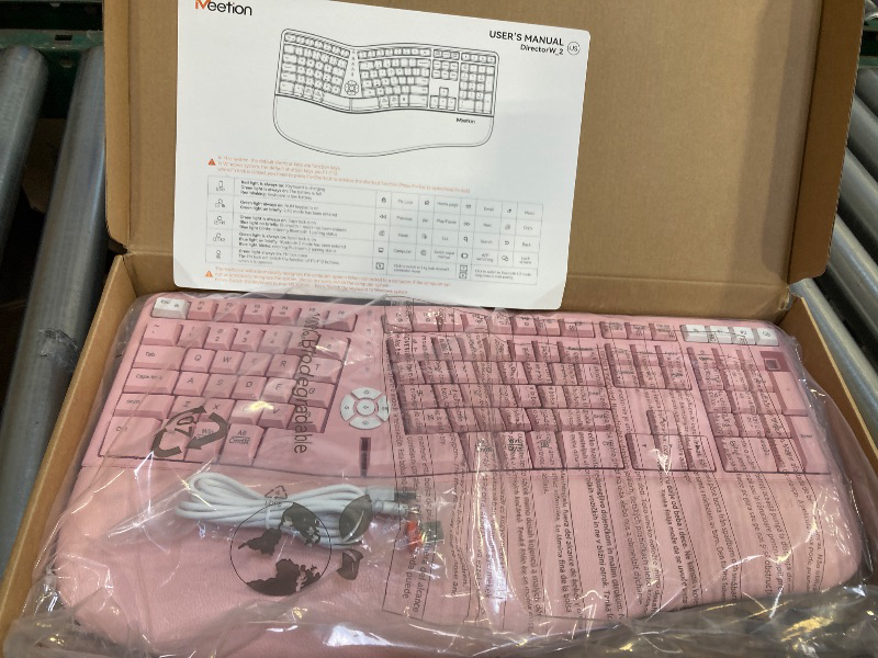 Photo 1 of MEETION New Ergonomic Keyboard, Bluetooth Wireless Split Keyboard with Cushioned Wrist, Palm Rest, Curved, Natural Typing Full Size Rechargeable Keyboard with USB-C Adapter Pink
