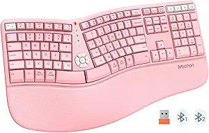 Photo 1 of MEETION New Ergonomic Keyboard, Bluetooth Wireless Split Keyboard with Cushioned Wrist, Palm Rest, Curved, Natural Typing Full Size Rechargeable Keyboard with USB-C Adapter Pink