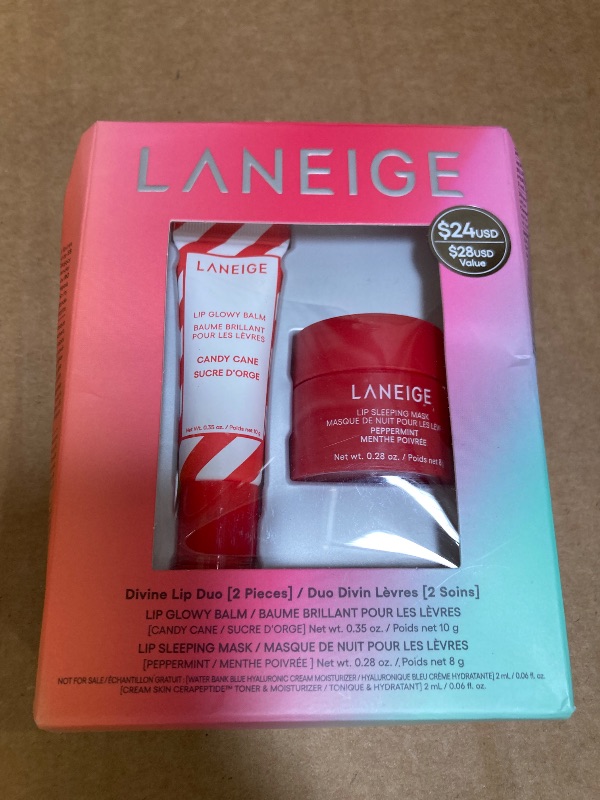 Photo 1 of LANEIGE Divine Lip Duo: Lip Sleeping Mask Peppermint Intense Hydration with Vitamin C, Lip Glowy Balm Candy Cane