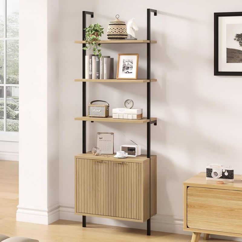 Photo 1 of Ladder Bookshelf with Cabinet, 71" Tall Wall Bookshlef with Shelves & Storage, Rattan Ladder Shelf with Metal Frame, 6-Tier Black bookcase for Living Room, Home & Office, Bedroom, Natural & Black