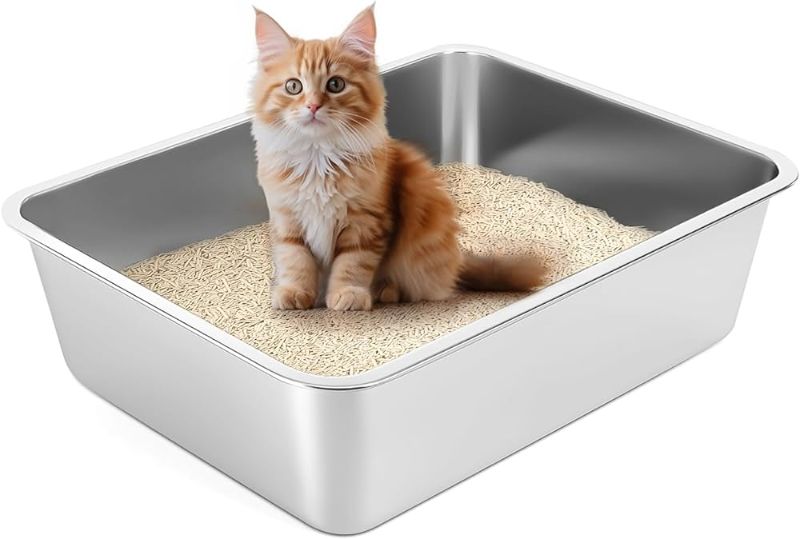 Photo 1 of Stainless Steel Cat Litter Box, Large Metal Kitty Litter Box with High Sides, Cat Litter Pan with Non Slip Rubber Feets, Easy to Clean, Non-Sticky