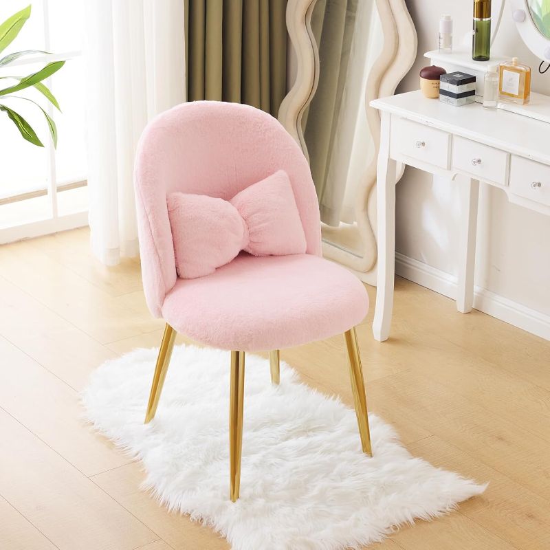 Photo 1 of  VINGLI Fluffy Girls Vanity Chair with Back & Pillow,Cute Small Cozy Desk Chair No Wheels,Comfy Makeup Ch with Ajustable Gold Legs,for Bedroom,Living Room,Small Space,Pink 