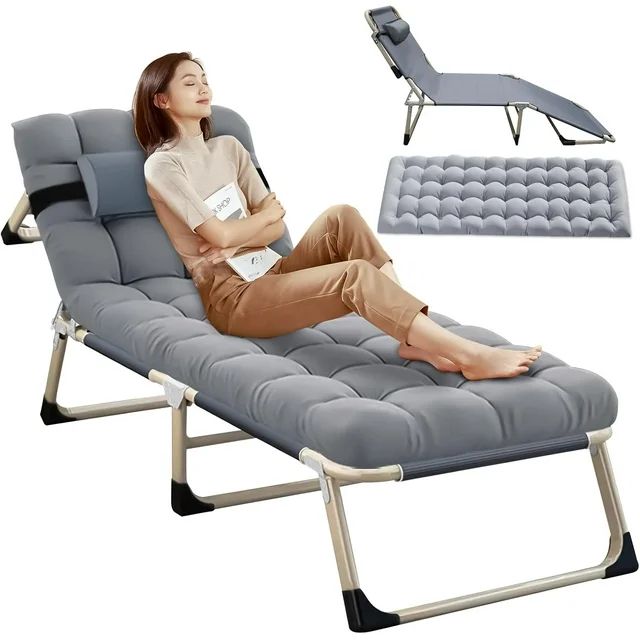 Photo 1 of Folding Chaise Lounge Chair with Mattress, 5-Position Adjustable Folding Sleeping Bed with Detachable Headrest & Soft Pad, Perfect for Sunbathing, Camping, Pool, Beach, Patio, Support 400lb, Grey