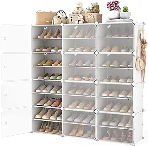 Photo 1 of Portable Shoe Rack Organizer with Door, 48 Pairs Storage Cabinet Easy Assambly, Plastic Adjustable Stackable Free Standing DIY Expandable 8Tiers White--NNF-XJ-012