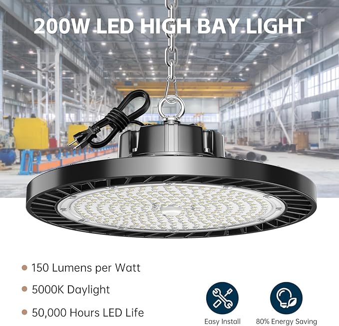 Photo 1 of 3pack UFO LED High Bay Lights 5000K 200W 30000LM AC100-277V with Plug High Bay Led Shop Lights Suitable for Warehouse Workshop Factory Gym Garage Barn LED Lamp