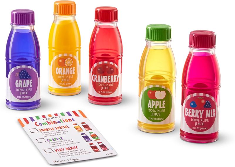 Photo 1 of  Melissa & Doug Tip & Sip Toy Juice Bottles and Activity Card (6 Pcs) Pretend Play Food Set, Play Kitchen Food For Ages 3+ 