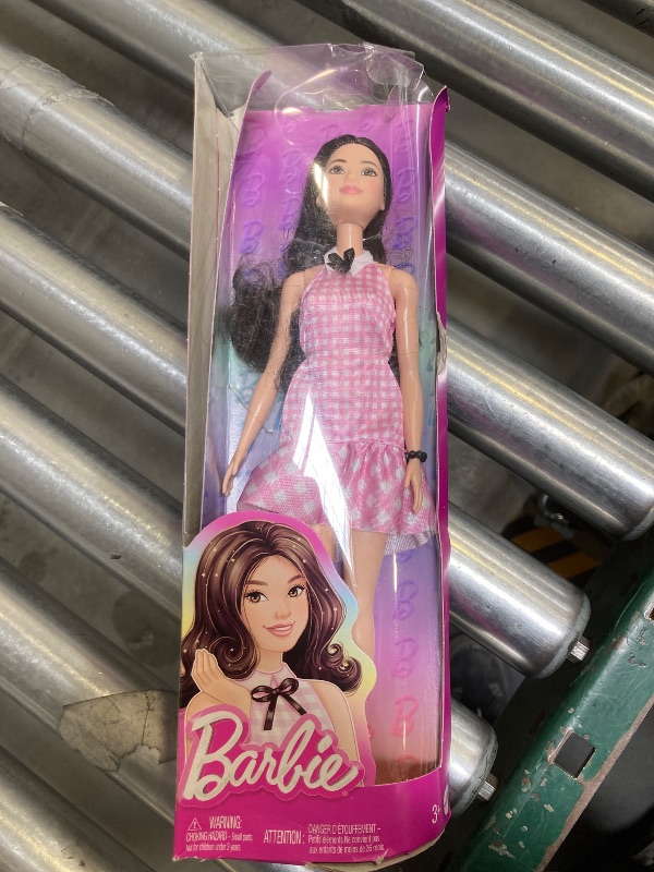 Photo 1 of Barbie Fashionistas Doll #224 with Black Wavy Hair, Pink Gingham Dress & Accessories, 65th Anniversary Collectible Toy 