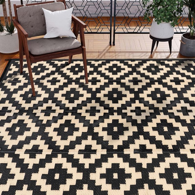 Photo 1 of  Outdoor Plastic Straw Rug, Waterproof Mat, Washable Large Floor Mat and Rug for Outdoors, RV, Beach, Patio, Camping, Backyard, Deck, Picnic, Indoor Outside (8x10ft,Geometry/Black&Beige) 