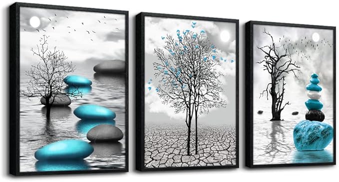 Photo 1 of Black Framed Canvas Wall Art for Living Room Wall Decor for Bedroom Bathroom Black and White Paintings Modern 3 Piece Framed Canvas Art Prints Ready to Hang Abstract Blue Pictures Home Decorations