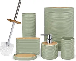 Photo 1 of CERBIOR Bathroom Accessories Set 6 Piece Bamboo Bath Ensemble Includes Soap Dispenser, Toothbrush Holder, Toothbrush Cup, Soap Dish for Decorative Countertop and Housewarming Gift, Sriral Green