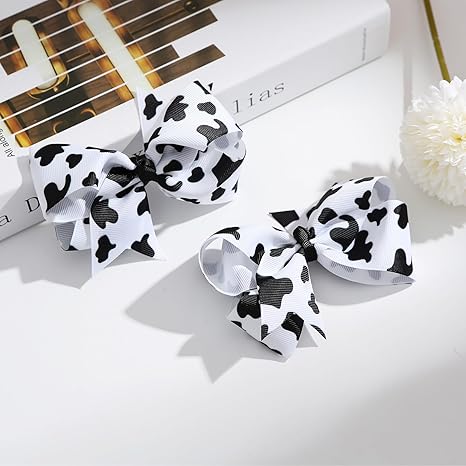 Photo 1 of 2Pcs Girls Cow Print Hair Bow Clips Toddler Cowgirl Costume Hair Accessories Baby Kids Birthday Party Gift 4 Inch