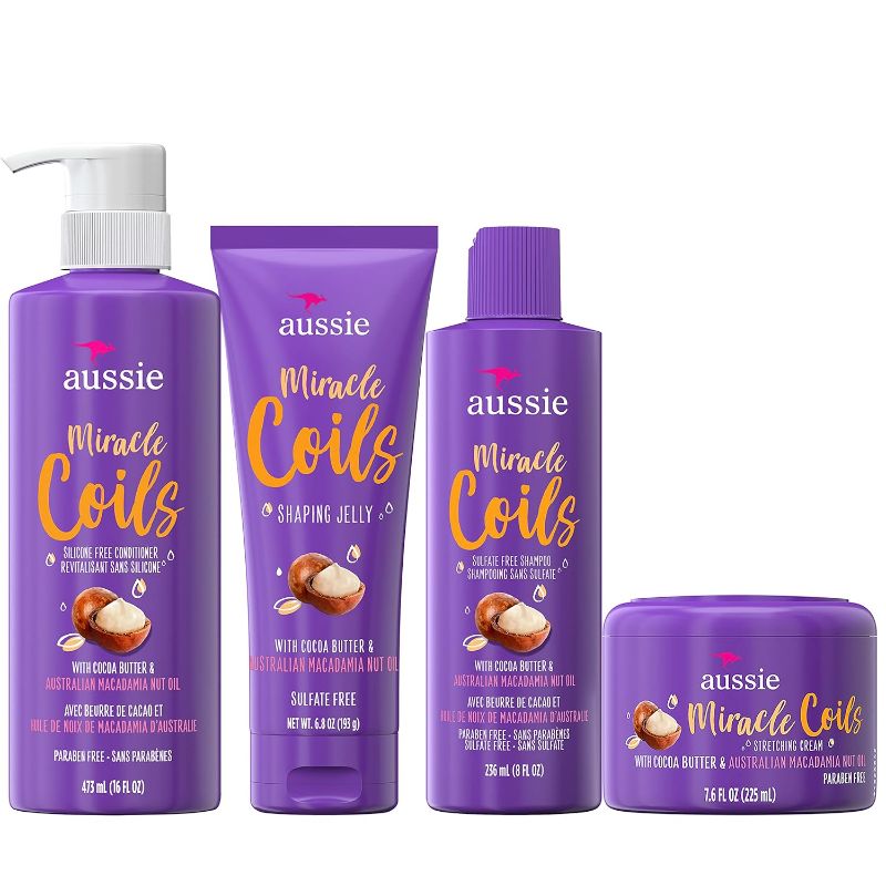 Photo 1 of Aussie Miracle Coils SF Shampoo 16oz + Aussie Miracle Coils Conditioner 16 oz + Aussie Miracle Coils Shaping Jelly 6.8oz + Aussie Miracle Coils Leave-In Moisturizer 8.5 oz