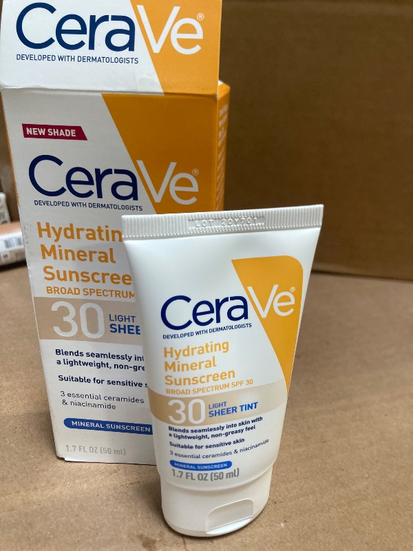 Photo 1 of CeraVe Hydrating Mineral Sunscreen SPF 30 with Sheer Tint, Tinted Mineral Sunscreen with Zinc Oxide & Titanium Dioxide, Blends Seamlessly For Healthy Glow, Medium, 1.7 Fluid Ounce