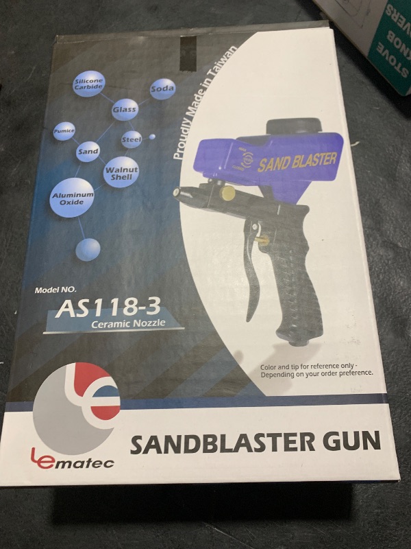 Photo 1 of LE LEMATEC Sand Blaster Gun Kit for Air Compressor, Portable Abrasive Media Blaster for Cleaning, Paint & Rust Removal, Works with Aluminum, Sand, Walnut, & Soda, Ideal for Metal & Wood, AS118 Blue