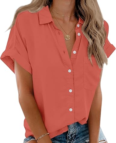 Photo 1 of ***USED***Beautife Womens Short Sleeve Shirts V Neck Collared Button Down Shirt Tops with Pockets (Medium, Orange Color)