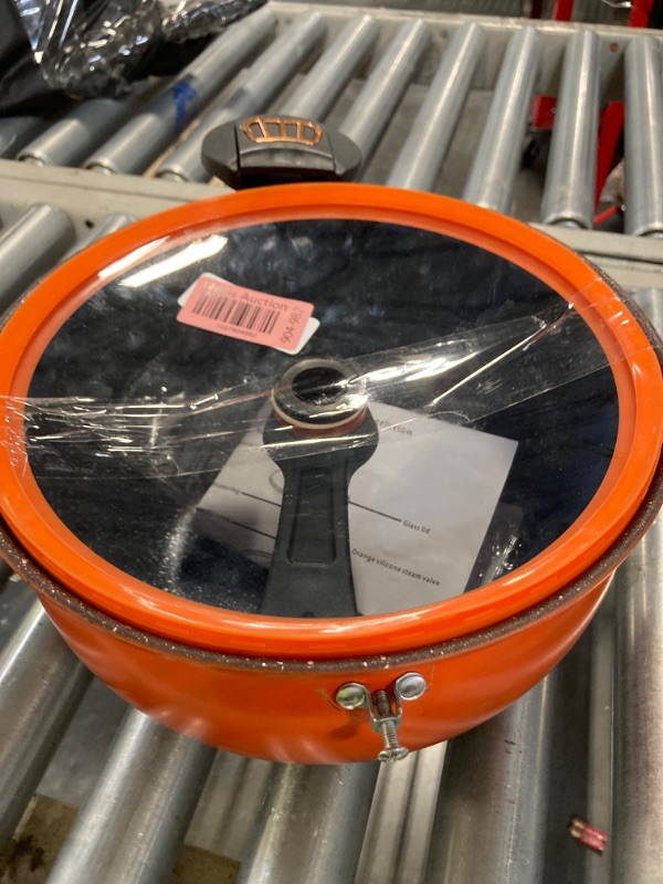 Photo 2 of ****PARTS ONLY NO RETURNS, FINAL SALE***FNT 8 Qt Orange Stock Pot with See-through Lid Standing, Crock Pot with Twist & Lock Handles, Micro Pressure Cooker 8 qt, Healthy Coating Cooking Pot for Gas, Induction, Electric Stoves