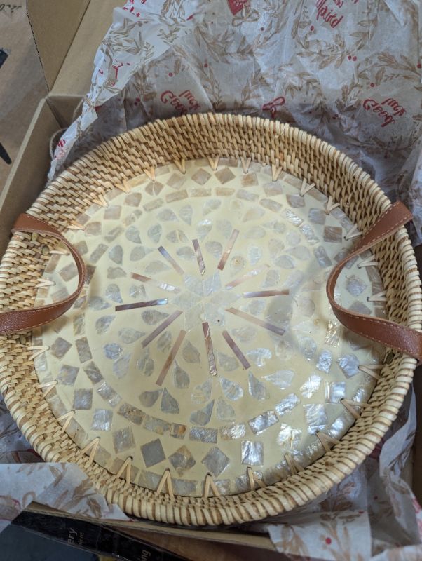 Photo 3 of ***USED, COLOR IS BEIGE, NOT BLUE***
Round Rattan Tray Home Decor with Wood Bead Garland, 12'' Wicker Serving Tray with Mother of Pearl Inlay, Boho Decorative Tray for Coffee Table, Bathroom, Ottoman, Kitchen Table , Bathroom (Bohemian)