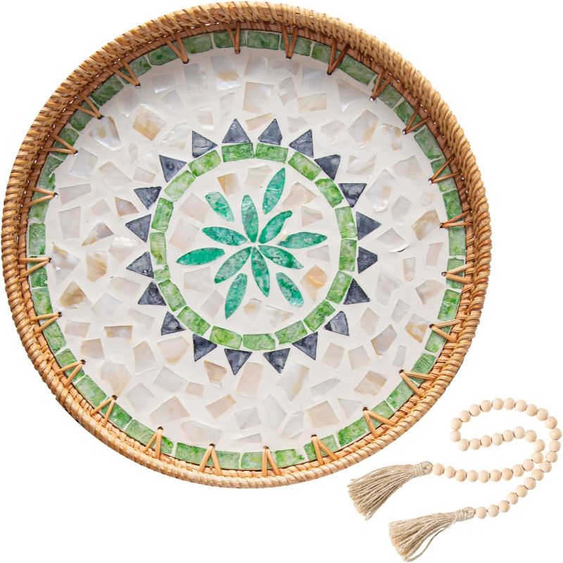 Photo 1 of ***USED, COLOR IS BEIGE, NOT BLUE***
Round Rattan Tray Home Decor with Wood Bead Garland, 12'' Wicker Serving Tray with Mother of Pearl Inlay, Boho Decorative Tray for Coffee Table, Bathroom, Ottoman, Kitchen Table , Bathroom (Bohemian)