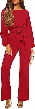 Photo 1 of ***USED***MISSING BELT***Womens Casual Loose Long Sleeve Jumpsuits Dressy Rompers Tie Waist Belted Wide Leg Formal Long Pants Jumpers
