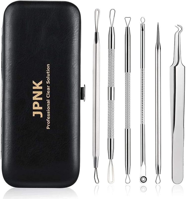 Photo 1 of 
Roll over image to zoom in
JPNK Blackhead Remover Tool Comedones Extractor Acne Removal Kit for Blemish, Whitehead Popping, 6 Pcs Zit Removing for Nose Face Tools with a Leather Bag