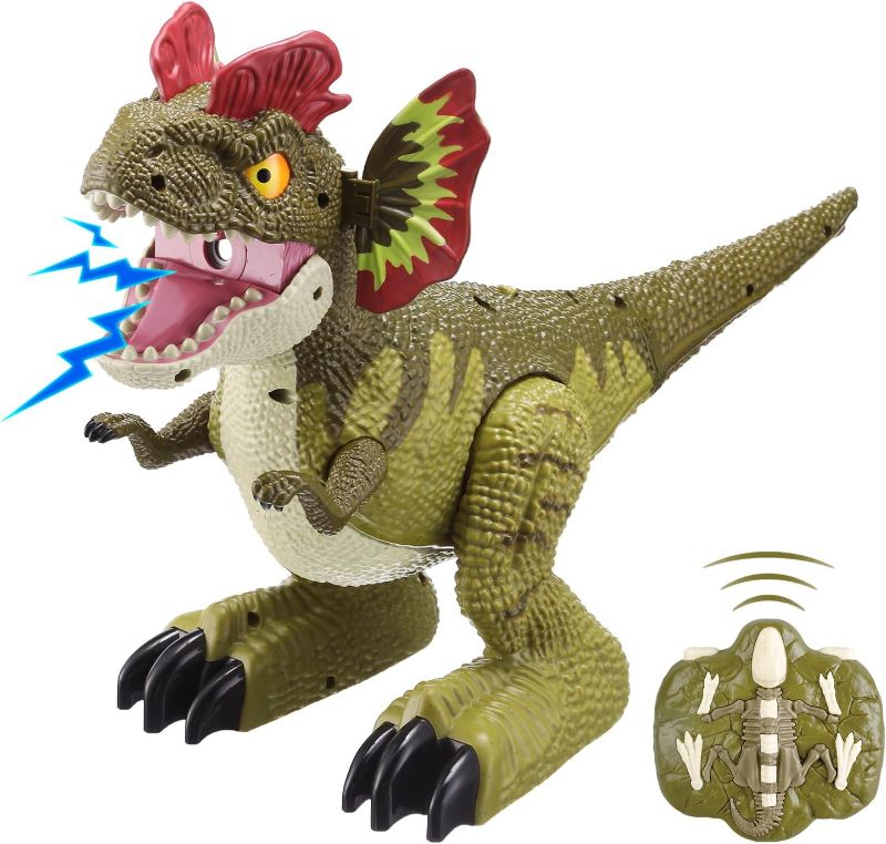 Photo 1 of  Dinosaur Toys, Dilophosaurus RC Toys 1.31FT Long with Light and Music, Auto-Demo and Spray Functions, Rechargeable Dinosaur Toys, Gift for Girls and Boys 3 Years Old and Up - Moss Green ***stock photo similar item***