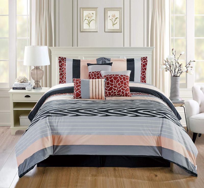 Photo 1 of 7 Piece Queen Size Safari Bedding - Animal Print Zebra, Giraffe Comforter Set - Bedding in Brown, Beige, Black, White and Grey. Perfect for any Bed Room or Guest Room
