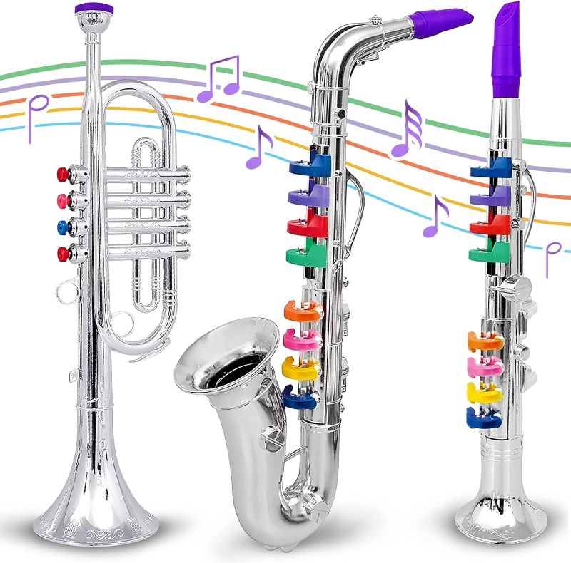 Photo 1 of ****USED** Set of 3 Kids Musical Instruments Toy Clarinet, Toy Saxophone and Toy Trumpet, 3 Wind and Brass Musical Instruments Combo with Over 10 Color Keys Coded Teaching Songs for Toddlers