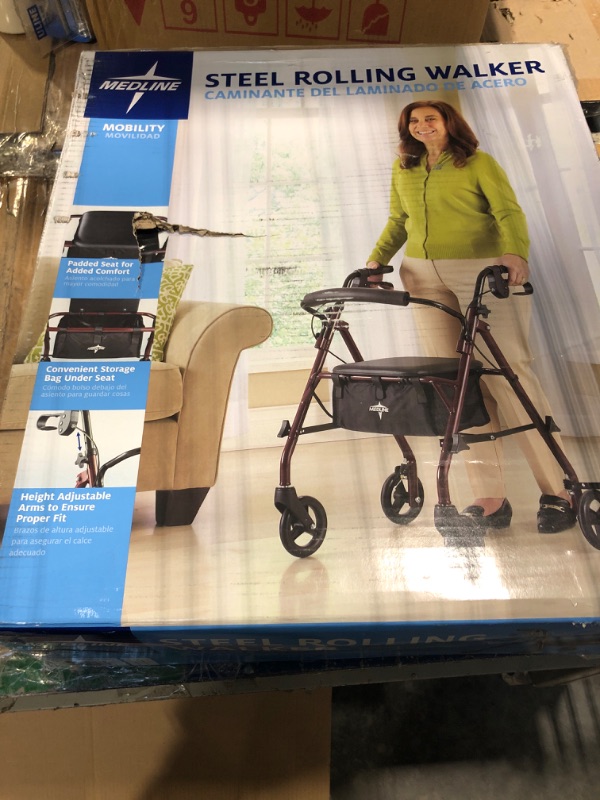 Photo 2 of ***USED***FOR PARTS ONLY**SOLD AS IS NO RETURNS***ALL SALES ARE FINAL*** Medline Rollator Walker with Seat, Steel Rolling Walker with 6-inch Wheels Supports up to 350 lbs, Medical Walker, Burgundy