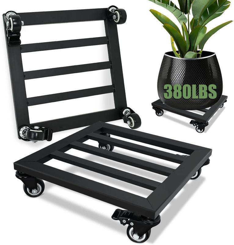 Photo 1 of ****USED*** Plant Caddy with Wheels, 2 Pack 12 Inch Plant Stand with Wheels Metal Square Plant Dolly with Lockable Caster Wheels Heavy Duty Plant Dolly Base for Indoor Outdoor Holds up 380 Lbs Pots Planter, Black