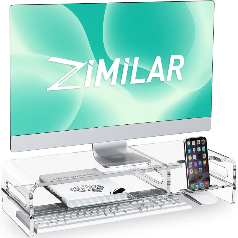 Photo 1 of  20-inch Large Acrylic Monitor Stand Riser, 2-tier Clear Monitor Riser, Acrylic Laptop Stand for Desk with Keyboard Storage and Built-in Phone Holder