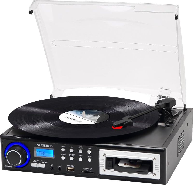 Photo 1 of 3 Speeds Record Player Portable Bluetooth Turntable with Built-in Dual Stereo Speakers, Vinyl Phonograph Supports USB/SD/MMC Cassette Aux-in 3.5mm Audio Jack, Black