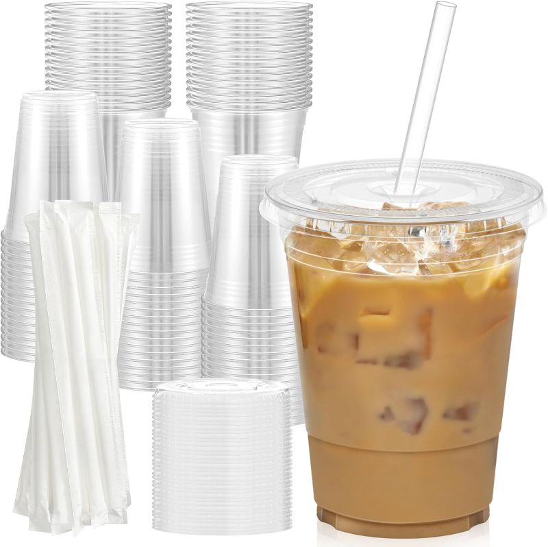 Photo 1 of 100 Pack - 16 oz Clear Plastic Cups with Lids and Straws, Sturdy & Food Safe Iced Coffee Cups with lids, Iced Coffee Cup, Disposable Cups Plastic Coffee Cups Smoothie Cups for Cold Drinks