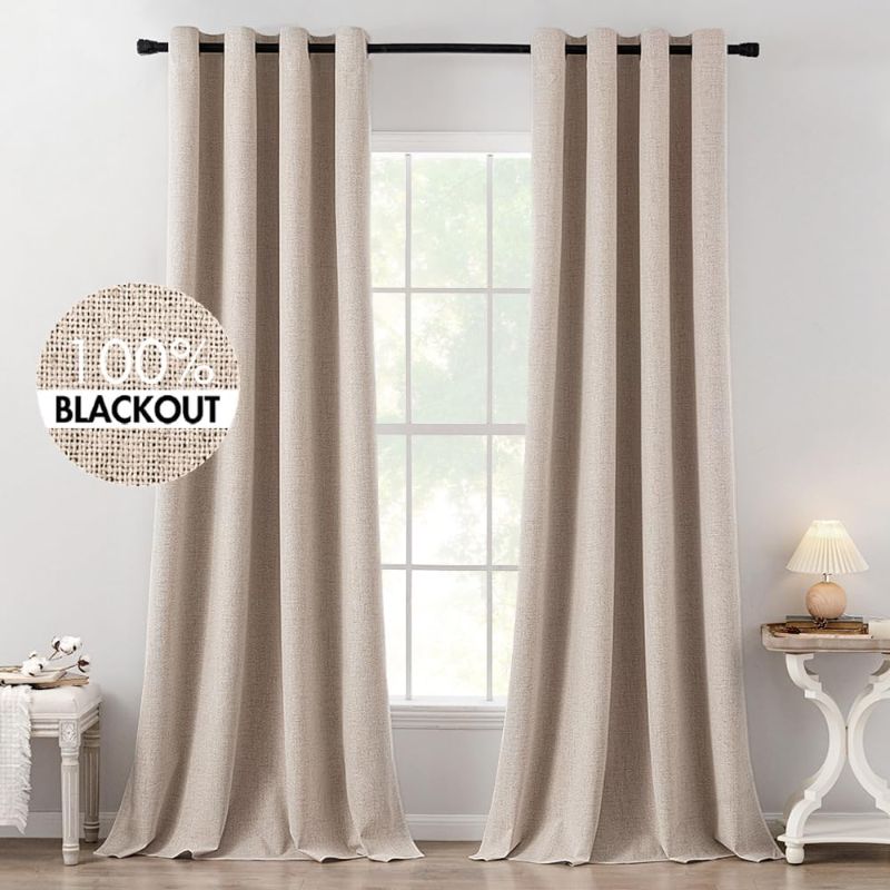 Photo 1 of ***USED** MIULEE 100% Blackout Linen Textured Curtains for Bedroom Solid Thermal Insulated Natural Beige Grommet Room Darkening Curtains & Drapes Luxury Decor for Living Room Nursery 52 x 120 Inch (2 Panels)