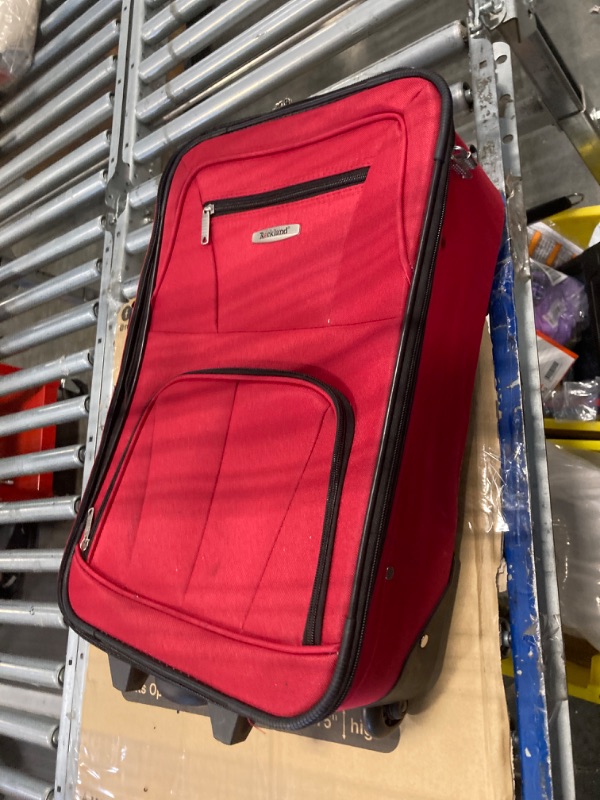 Photo 2 of ***SMALL TEAR ON BACK*** 
Rockland Fashion Softside Upright Luggage Set,Expandable, Red, 2-Piece (14/19) 2-Piece Set (14/20) Red Standard Packaging