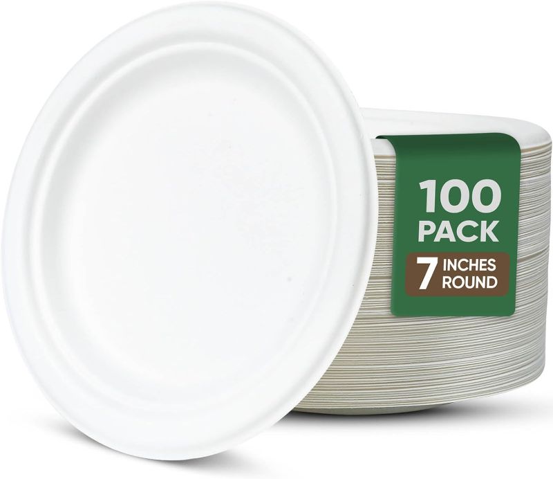 Photo 1 of ***USED*** White Paper Plates, 7 Inch Paper Plates, 100 Pack Paper Plates Disposable Plates – 100% Compostable Plates, Water & Oil Proof Small Paper Plates, Microwavable Dessert Plates