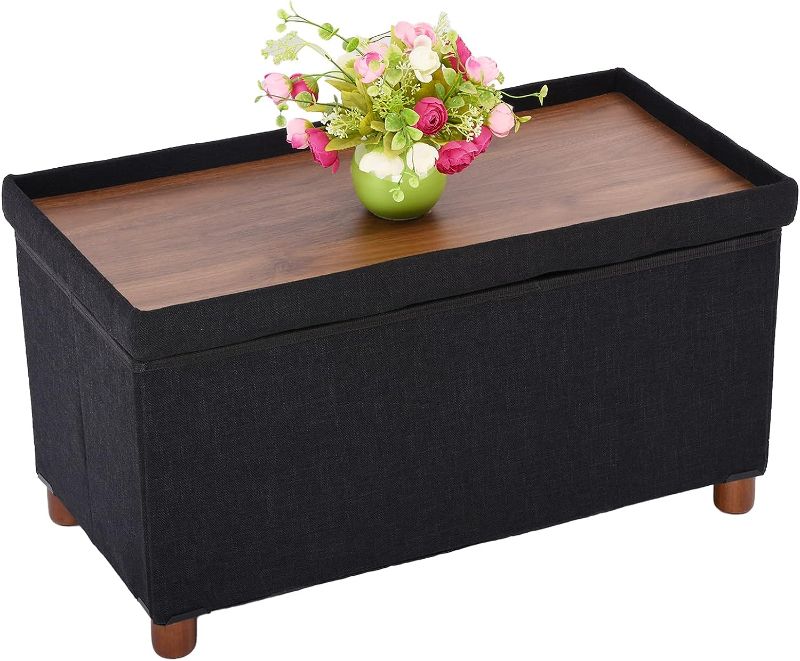 Photo 1 of ***AS IS / NO RETURNS -  FINAL SALE***
30 Inches Storage Ottoman Bench, Storage Bench with Wooden Legs for Living Room Ottoman Foot Rest Removeable Lid for Bedroom End of Bed, Linen Fabric, Folding Black Ottoman