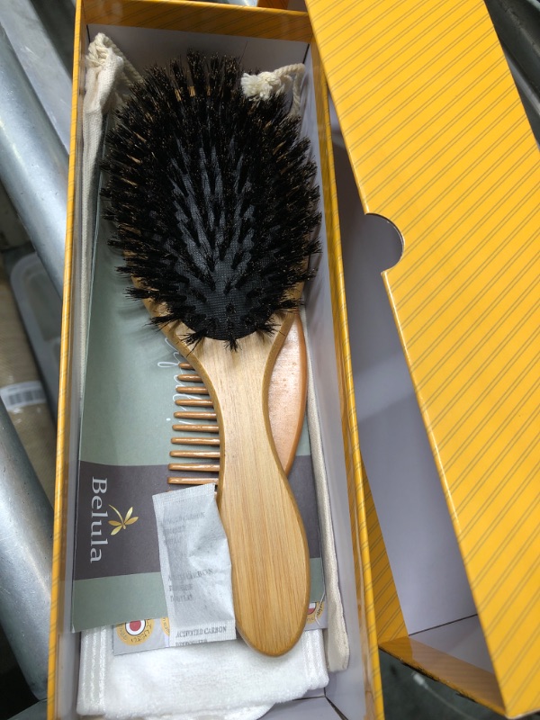 Photo 3 of ****USED*** Belula 100% Boar Bristle Hair Brush Set (Large). Soft Natural Bristles for Thin and Fine Hair. Restore Shine And Texture. Wooden Comb, Travel Bag and Spa Headband Included!
