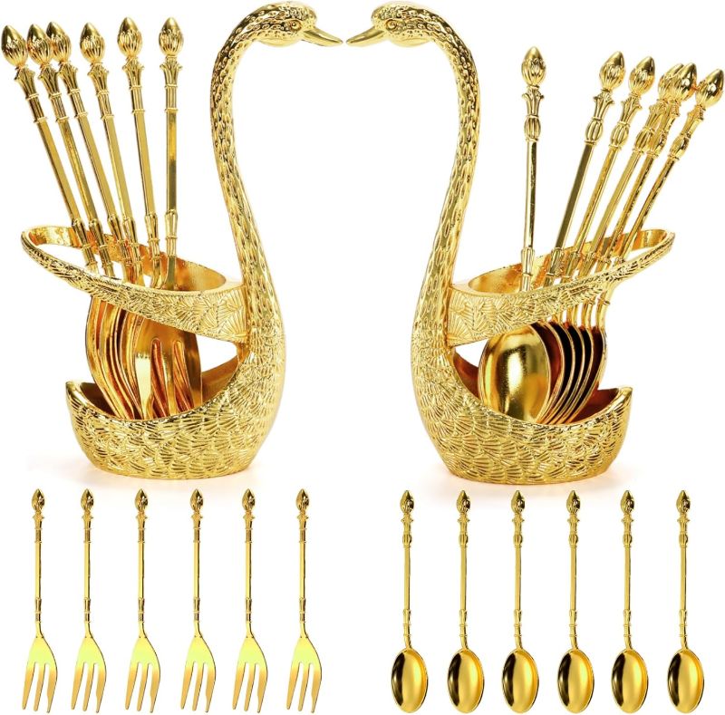 Photo 1 of 14 Pack Swan Base Holder with Coffee Spoon Forks, Gold Creative Dessert Flatware Set, Decorative Party Golden Serving Teaspoons for Stirring, Mixing, Sugar, Ice Cream, Fruit, 6 Spoons, 6 Forks