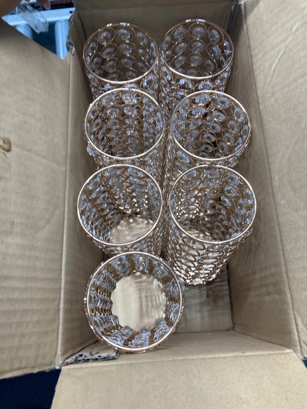 Photo 1 of 8 Pieces Crystal Flower Vase for Wedding Table Centerpieces 7.87 Inch Crystal Pillar Candle Holder Metal Cylinder Flower Vase Stand for Flower Arrangement Home Party Event Wedding Decor(Gold)