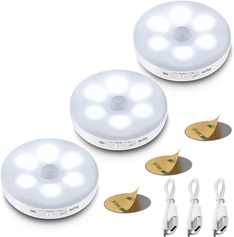 Photo 1 of 3-Packs Motion Sensor Light Indoor,Rechargeable Battery Powered LED Closet Lights Puck Lights Step Lights with 3M Adhesive,Stick on Lights for Under Cabinet,Counter,Hallway,Stairs(Pure-White)