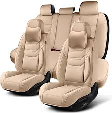 Photo 1 of  Seat Covers Full Set, Breathable Leather Automotive Front and Rear Seat Covers & Headrest, Universal Automotive Vehicle Seat Cover for Most Sedan SUV Pick-up Trucks Front Pair and Rear beige