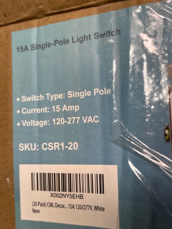 Photo 1 of 15A Single-Pole Light Switch • Switch Type: Single Pole • Current: 15 Amp • Voltage: 120-277 VAC SKU: CSR 1-20 X002NY5EHB (20 Pack) CML Decora... 15A 120/277V, White New
