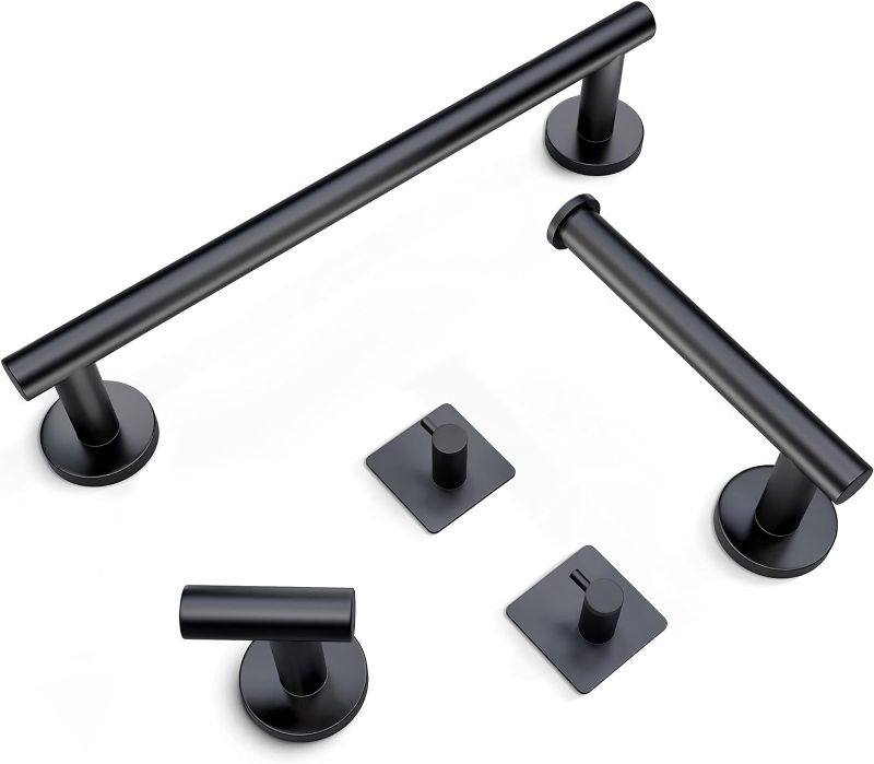 Photo 1 of 5 Pieces Matte Black Bathroom Hardware Set Wall Mounted - Includes 16 Inch Towel Bar, Toilet Paper Holder, 3 Coat Towel Hooks