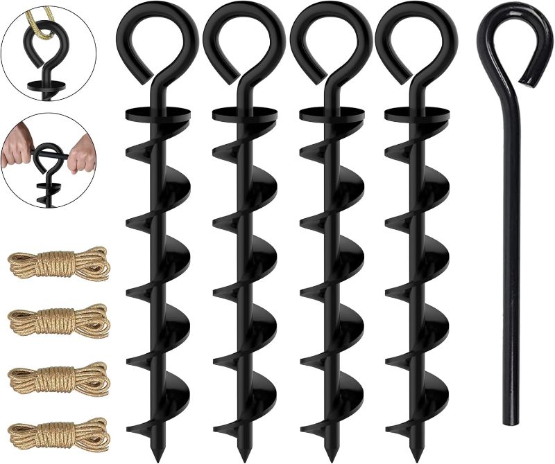 Photo 1 of  Canopy Tent Stakes Dog Tie Out Stakes Corkscrew Shape Steel Trampoline Stakes with Iron Rod Installation Tool & 4 Wind Ropes - Set of 4 (Black)