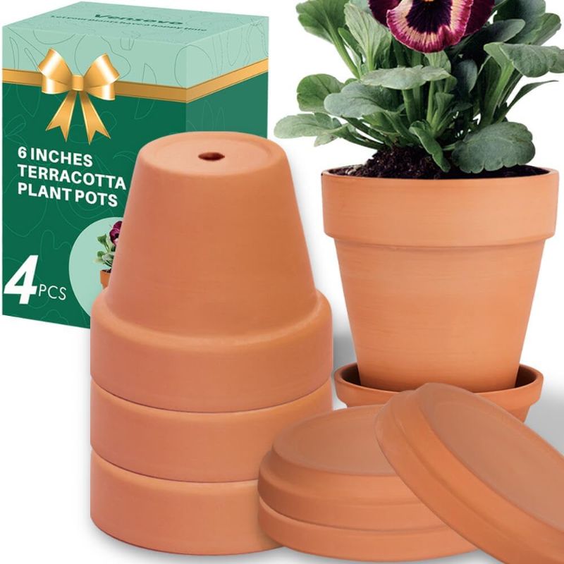 Photo 1 of ****USE***FOR PARTS ONLY***SOLD AS IS****ALL SALES ARE FINAL***NO RETURS**** vensovo 6 Inch Clay Pot for Plant with Saucer - 4 Pack Large Terra Cotta Plant Pot with Drainage Hole, Flower Pot with Tray, Terracotta pot for Indoor Outdoor Plant