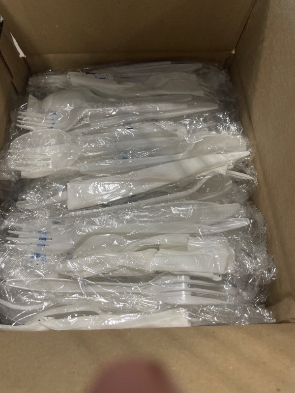 Photo 2 of (100 Pack) Medium Weight Wrapped white Plastic Cutlery Pack with Napkin and Salt/Pepper Packets (White)