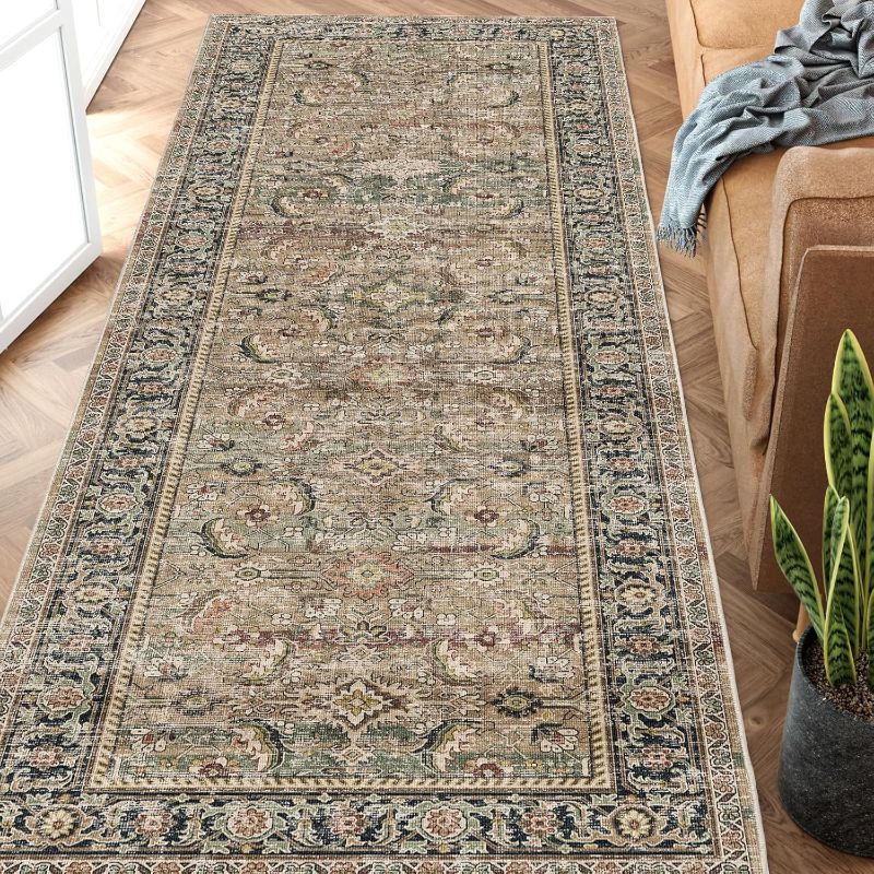 Photo 1 of 2x6 Washable Runner Rug Brown Vintage Distressed Hallway Kitchen Non Slip Low Pile Area Rug Living Room Bedroom Throw Rug Soft Indoor Carpet for Entrance Laundry Dining Room Bathroom